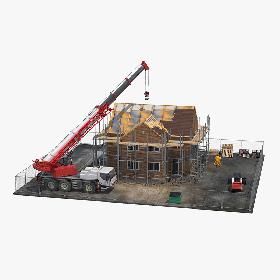 3D Private House Construction with Equipment